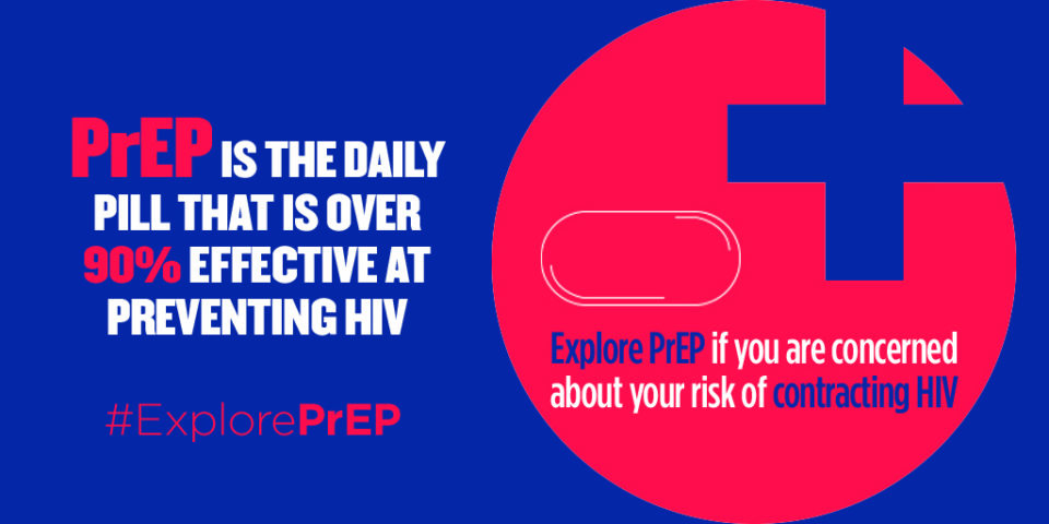 red and white text on indigo background: "PrEP is the daily pill that is over 90% effective at preventing HIV"; sex positive logo in white and red with additional text: "Explore PrEP if you are concerned about your risk of contracting HIV"